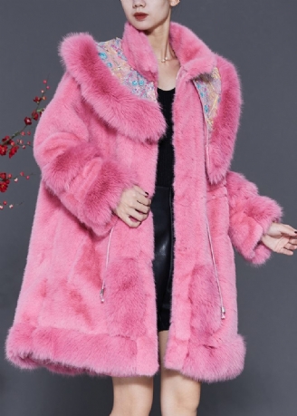 Plus Size Pink Broderet Snøre Mink Velvet Coat Outwear Spring