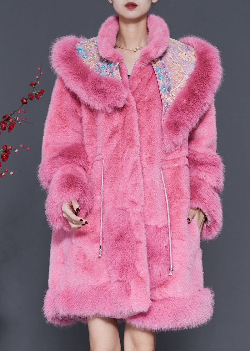 Plus Size Pink Broderet Snøre Mink Velvet Coat Outwear Spring - Dame vinterfrakker