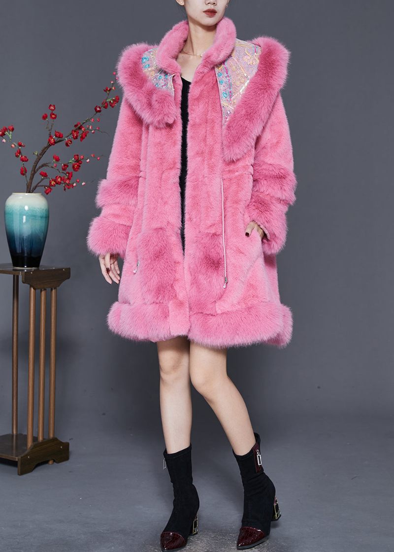 Plus Size Pink Broderet Snøre Mink Velvet Coat Outwear Spring - Dame vinterfrakker