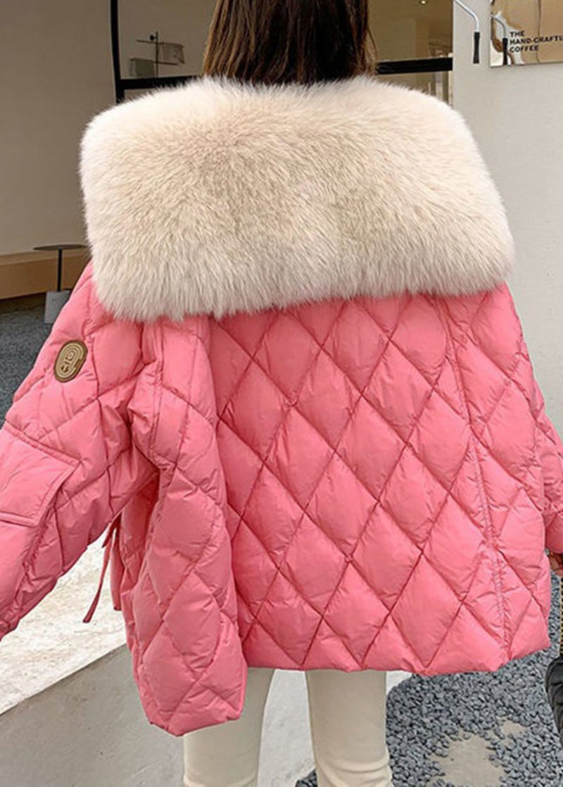 Plus Size Pink Pelskrave Lommer Plaid Patchwork Parka Langærmet - Pink