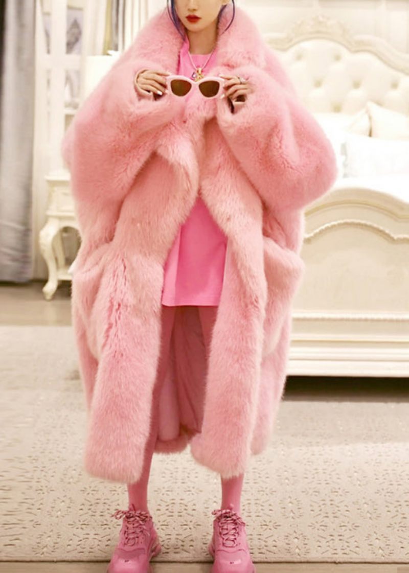 Plus Size Pink Peter Pan Kravelommer Patchwork Fuzzy Fur Fluffy Coat Vinter - Dame vinterfrakker