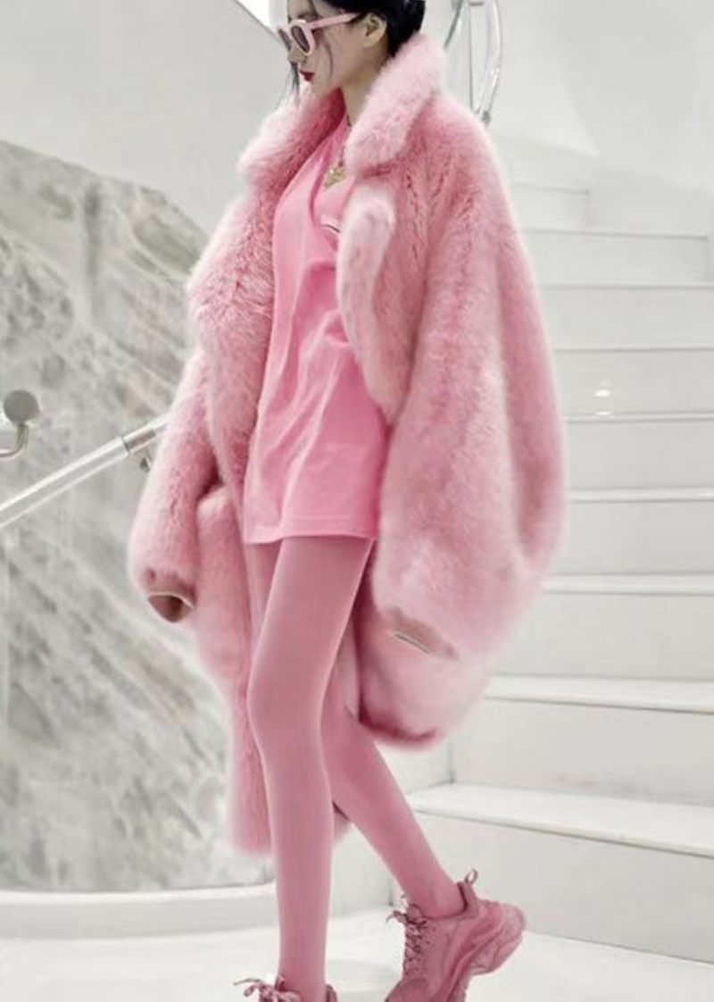 Plus Size Pink Peter Pan Kravelommer Patchwork Fuzzy Fur Fluffy Coat Vinter - Dame vinterfrakker