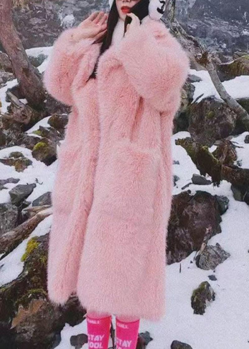 Plus Size Pink Peter Pan Kravelommer Patchwork Fuzzy Fur Fluffy Coat Vinter - Dame vinterfrakker