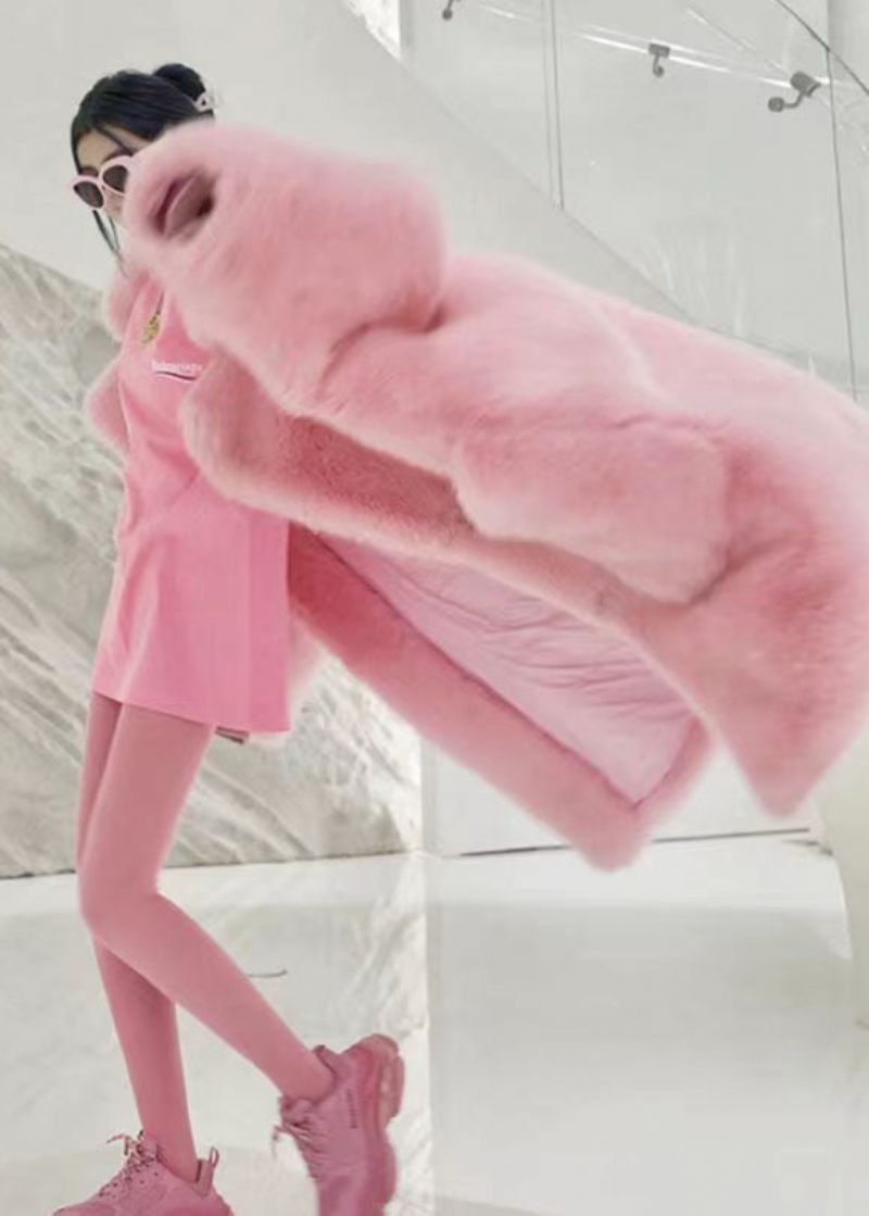 Plus Size Pink Peter Pan Kravelommer Patchwork Fuzzy Fur Fluffy Coat Vinter - Dame vinterfrakker