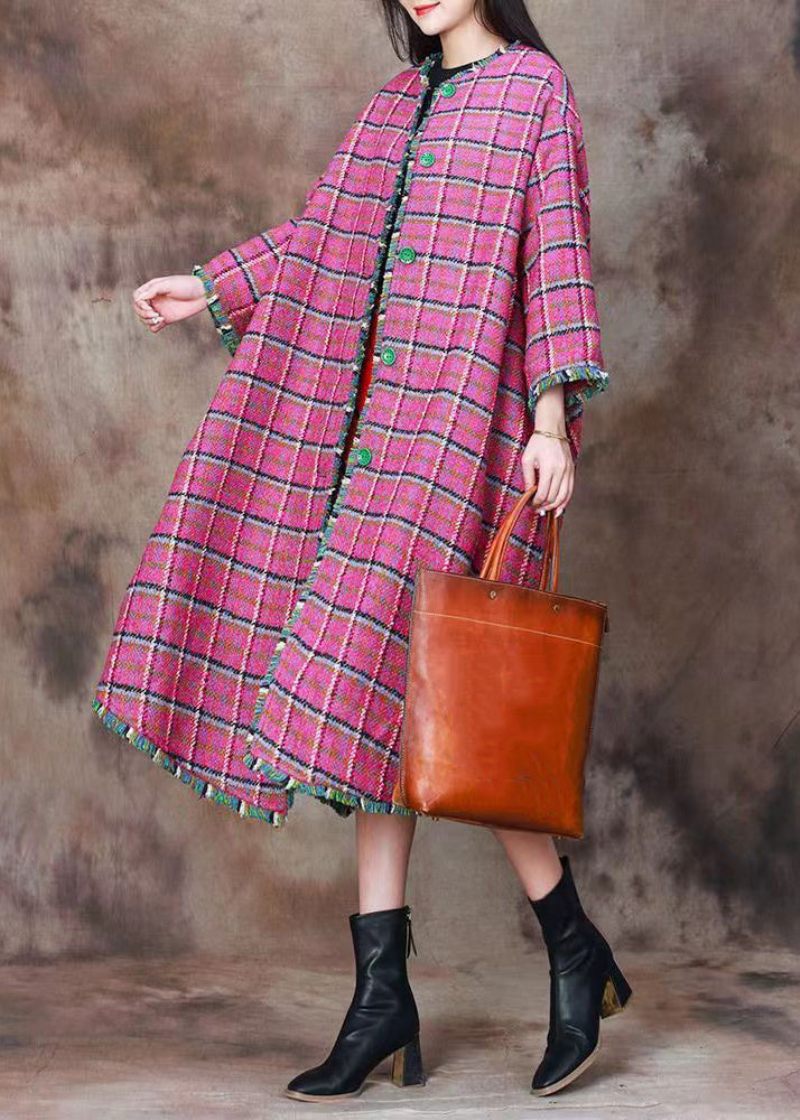 Plus Size Pink Plaid Button Uld Lange Frakker Forår