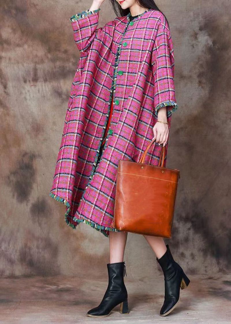 Plus Size Pink Plaid Button Uld Lange Frakker Forår - Dame vinterfrakker