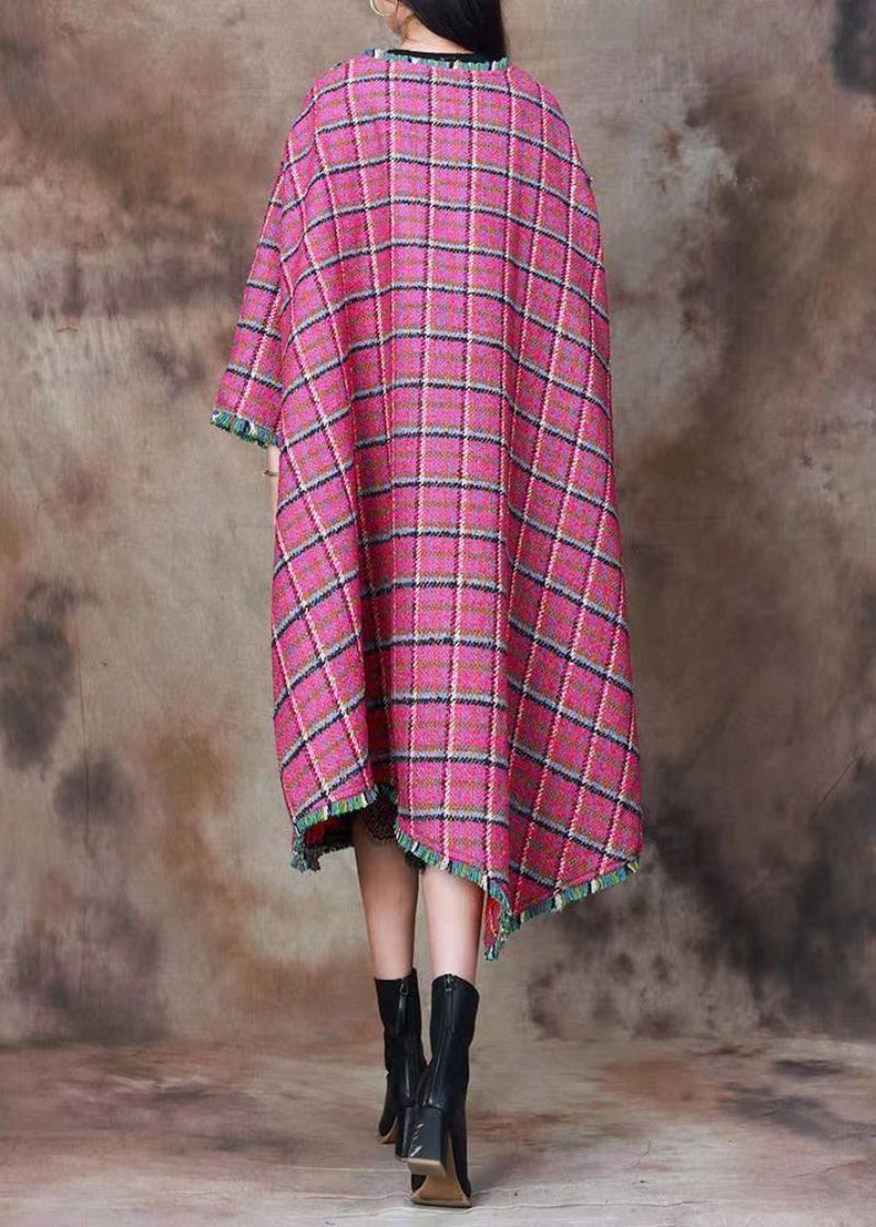 Plus Size Pink Plaid Button Uld Lange Frakker Forår - Dame vinterfrakker