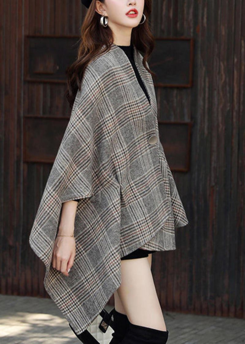 Plus Size Plaid Asymmetrisk Button Patchwork Bomuld Frakker Efterår - Dame vinterfrakker