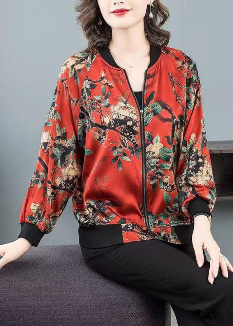 Plus Size Rød O-hals Print Lynlås Patchwork Silkejakke Fjeder