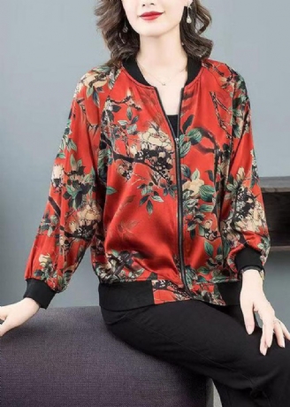 Plus Size Rød O-hals Print Lynlås Patchwork Silkejakke Fjeder