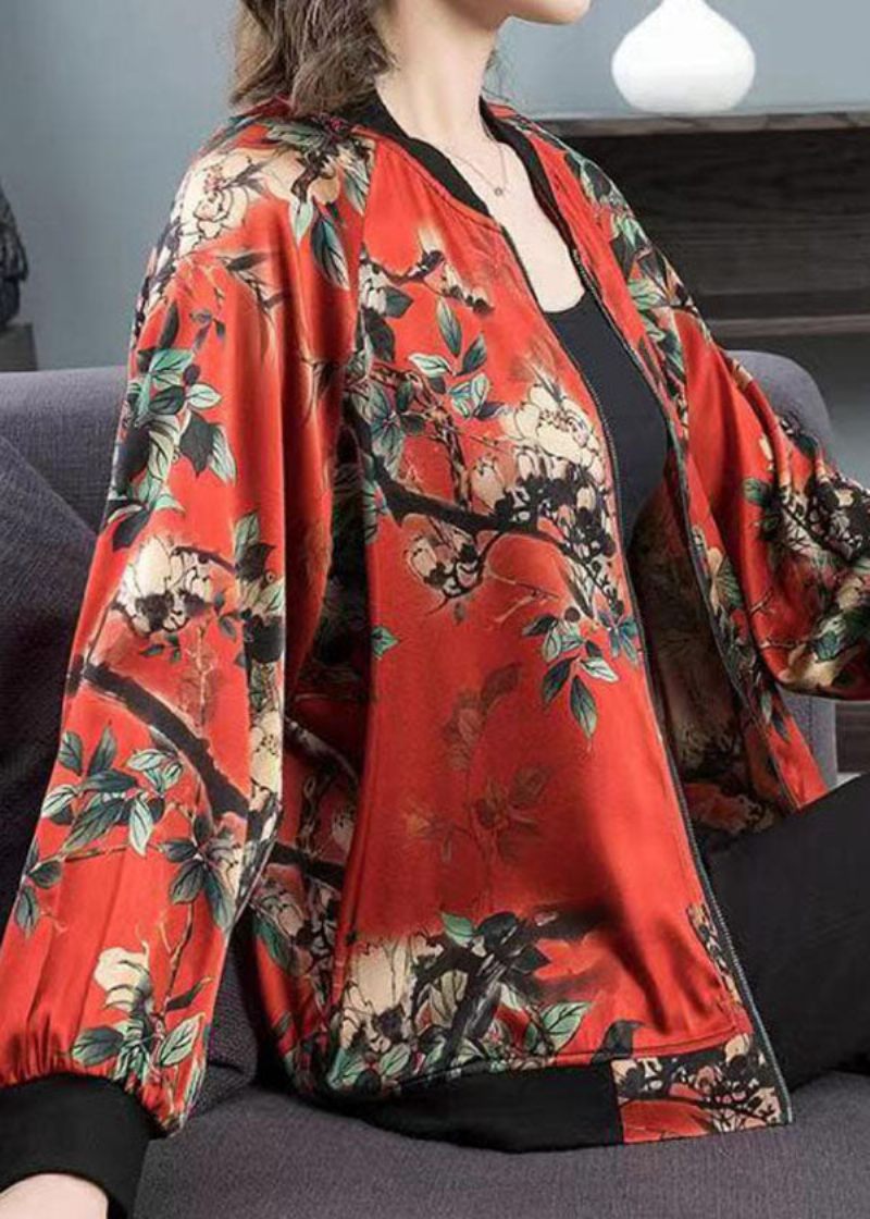 Plus Size Rød O-hals Print Lynlås Patchwork Silkejakke Fjeder - Dame vinterfrakker