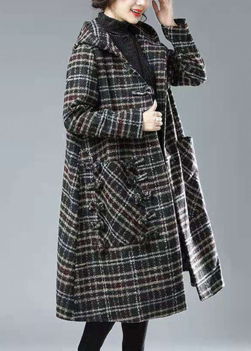 Plus Size Sort Chokolade Plaid Hættelommer Tykke Ulden Trench Vinter