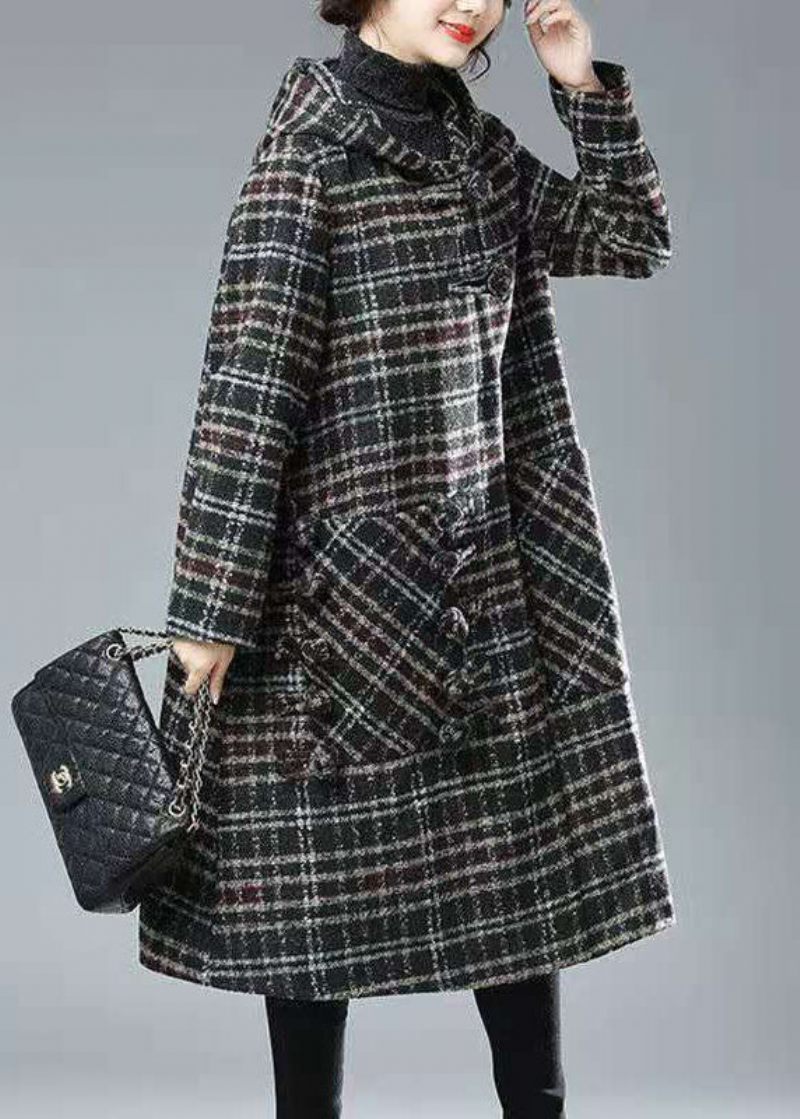 Plus Size Sort Chokolade Plaid Hættelommer Tykke Ulden Trench Vinter - Sort Kaffe Plaid