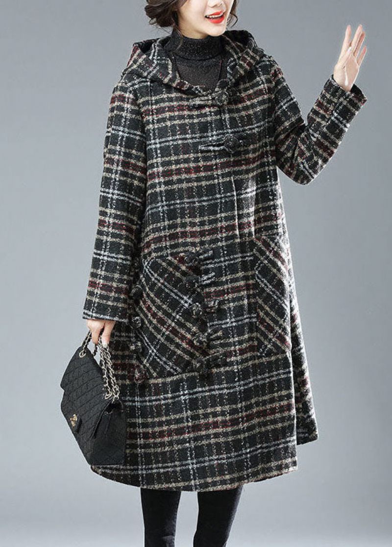 Plus Size Sort Chokolade Plaid Hættelommer Tykke Ulden Trench Vinter - Sort Kaffe Plaid