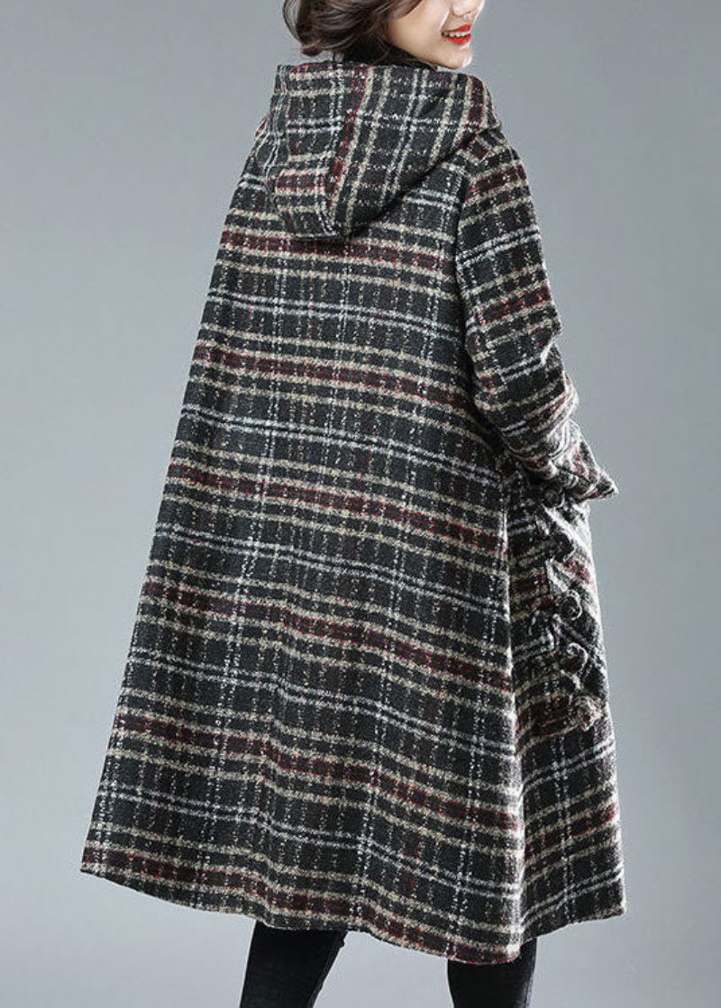 Plus Size Sort Chokolade Plaid Hættelommer Tykke Ulden Trench Vinter - Sort Kaffe Plaid