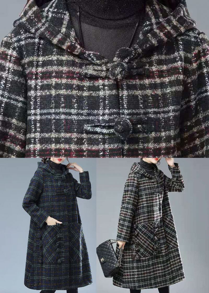 Plus Size Sort Chokolade Plaid Hættelommer Tykke Ulden Trench Vinter - Sort Kaffe Plaid