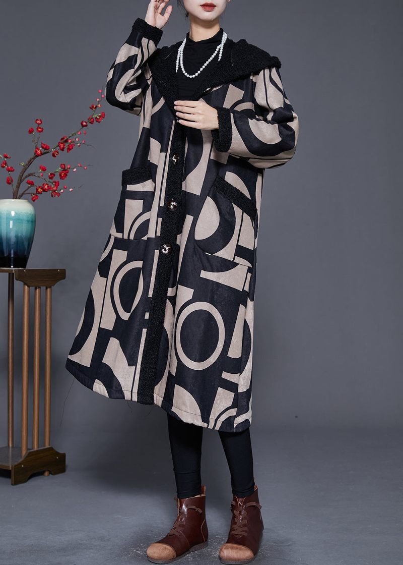 Plus Size Sort Hætte Print Fleece Uld Foret Trench Vinter - Dame vinterfrakker