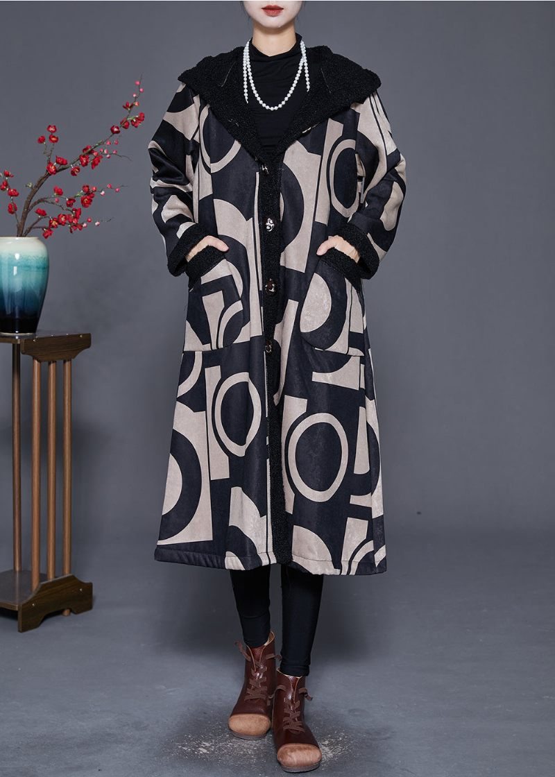 Plus Size Sort Hætte Print Fleece Uld Foret Trench Vinter - Dame vinterfrakker