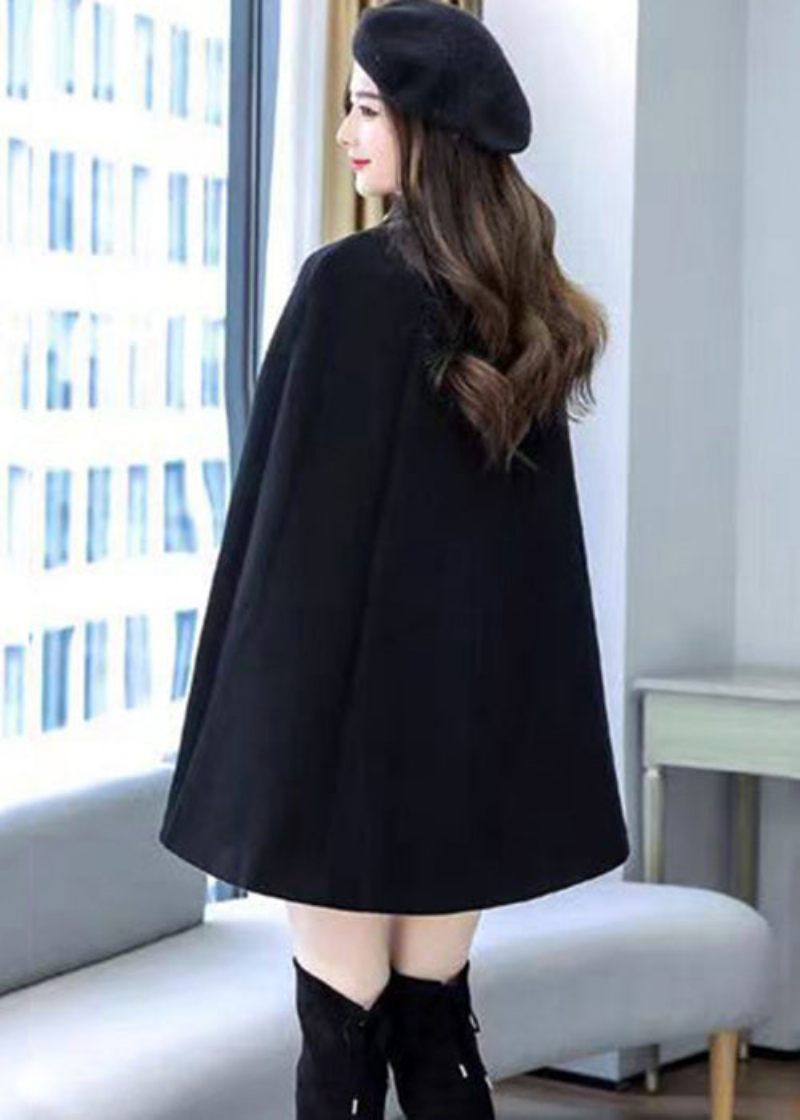 Plus Size Sort Nitteknap Tyk Ulden Cape Coat Ærmeløs - Dame vinterfrakker