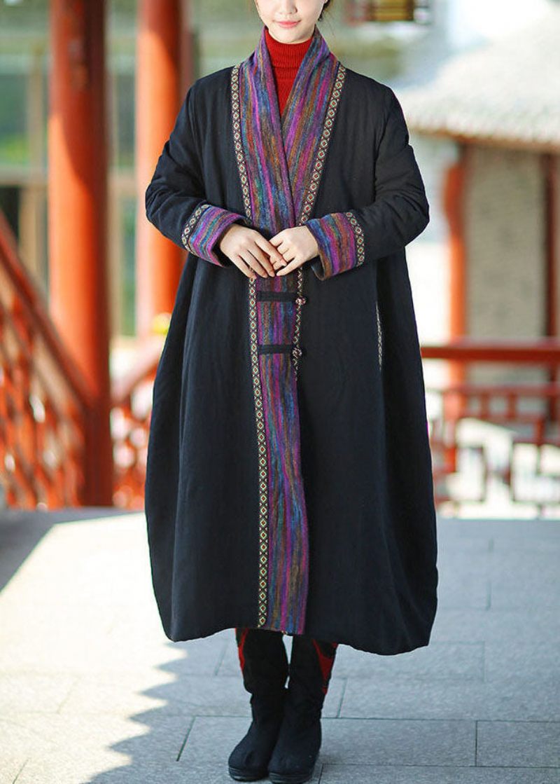 Plus Size Sort V-hals Patchwork Fint Bomuldsfyldt Lange Frakker Vinter