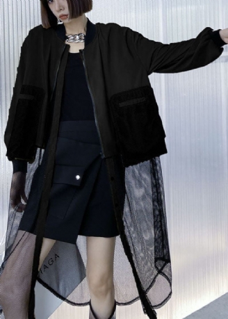 Plus Size Sorte Lynlåslommer Tulle Patchwork Efterår Langærmet Trenchcoat