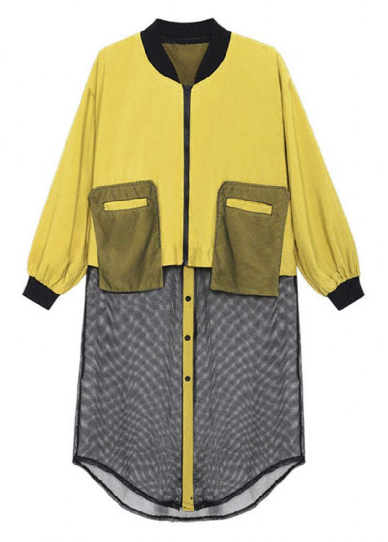 Plus Size Sorte Lynlåslommer Tulle Patchwork Efterår Langærmet Trenchcoat - Gul