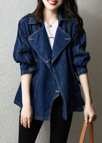 Plus Størrelse Navy Notched Button Patchwork Denim Frakker Efterår