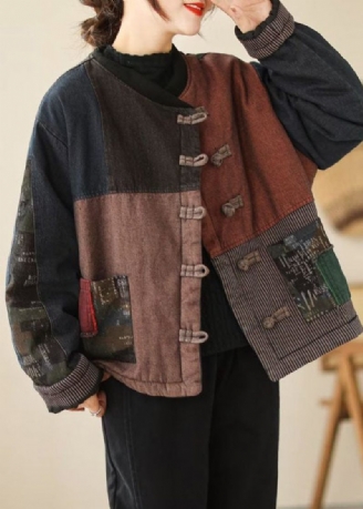 Retro Blå Orientalsk Knap Patchwork Applikation Fin Bomuldsfyldt Frakke Outwear Winter