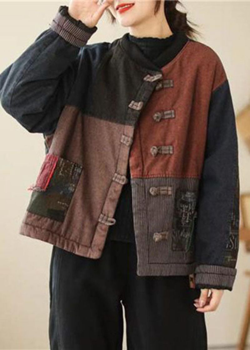 Retro Blå Orientalsk Knap Patchwork Applikation Fin Bomuldsfyldt Frakke Outwear Winter - Dame vinterfrakker