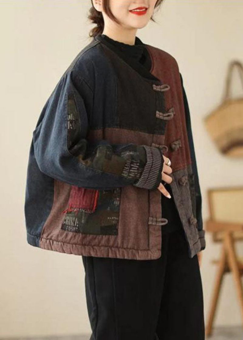 Retro Blå Orientalsk Knap Patchwork Applikation Fin Bomuldsfyldt Frakke Outwear Winter - Dame vinterfrakker