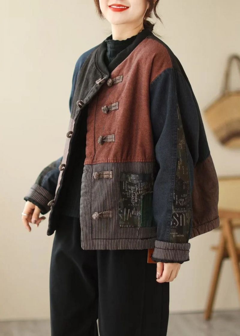 Retro Blå Orientalsk Knap Patchwork Applikation Fin Bomuldsfyldt Frakke Outwear Winter - Dame vinterfrakker