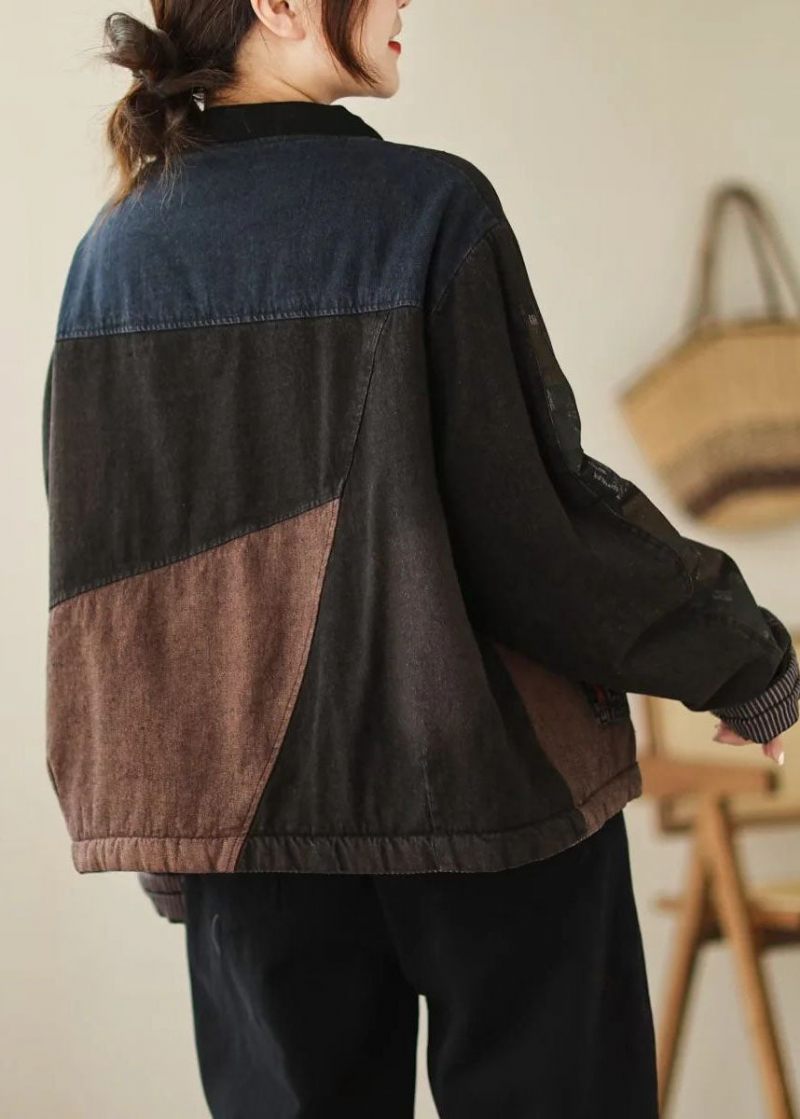 Retro Blå Orientalsk Knap Patchwork Applikation Fin Bomuldsfyldt Frakke Outwear Winter - Dame vinterfrakker