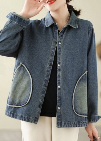 Retro Denim Blå Lommer Patchwork Frakker Forår