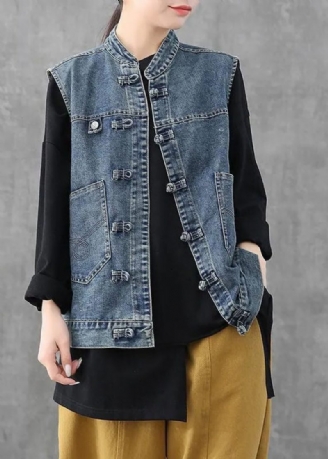 Retro Lyseblå O-hals Patchwork Knaplommer I Bomuld Denim Vest Uden Ærmer