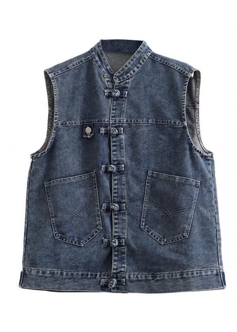 Retro Lyseblå O-hals Patchwork Knaplommer I Bomuld Denim Vest Uden Ærmer - Lyseblå