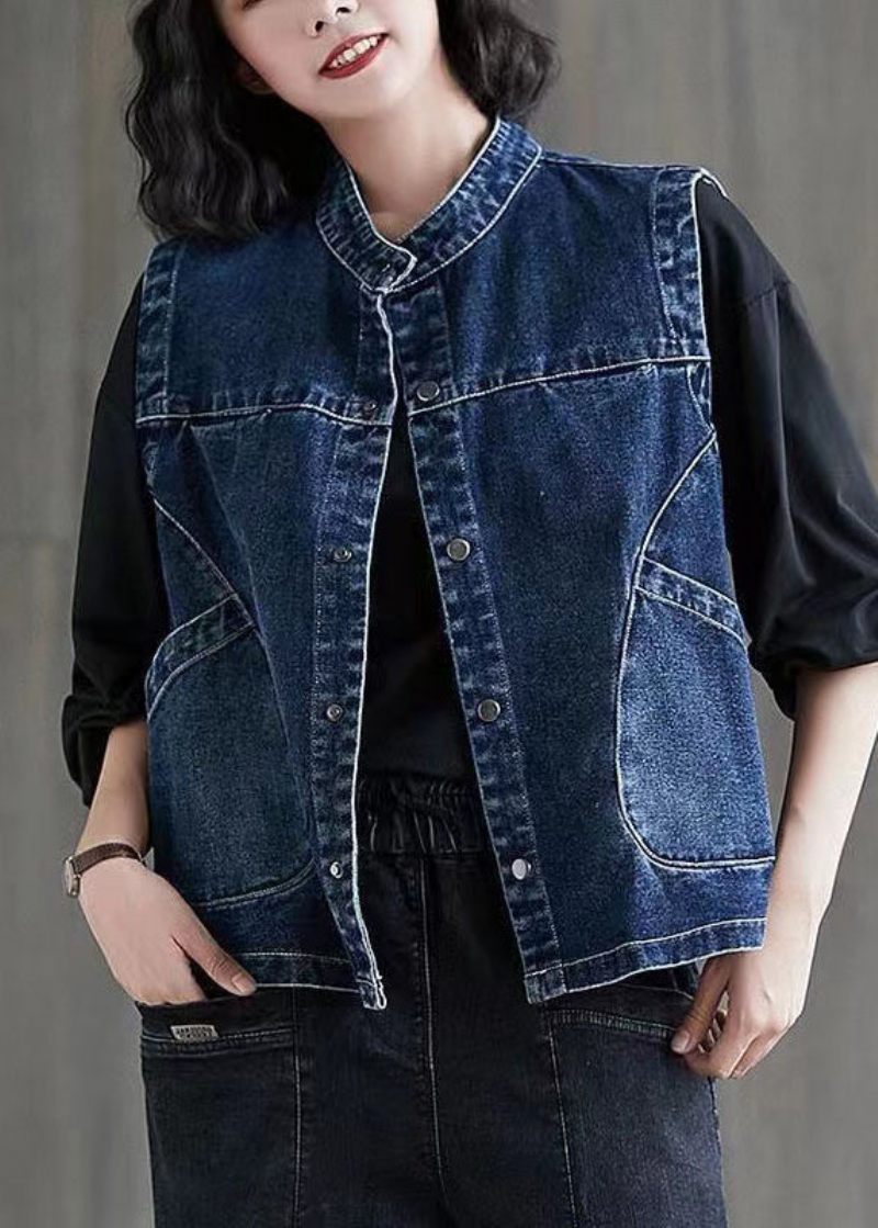 Shorts Mørkeblå Patchwork Knap Denim Vest Ærme