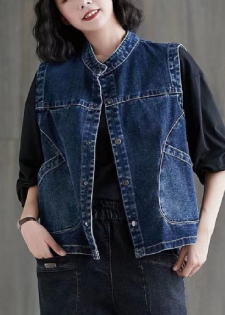 Shorts Mørkeblå Patchwork Knap Denim Vest Ærme