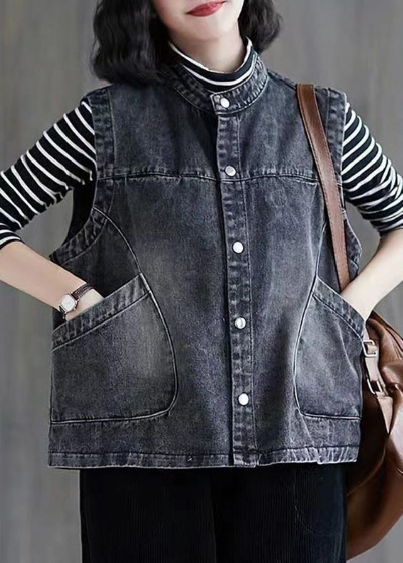 Shorts Mørkeblå Patchwork Knap Denim Vest Ærme - Mørkeblå