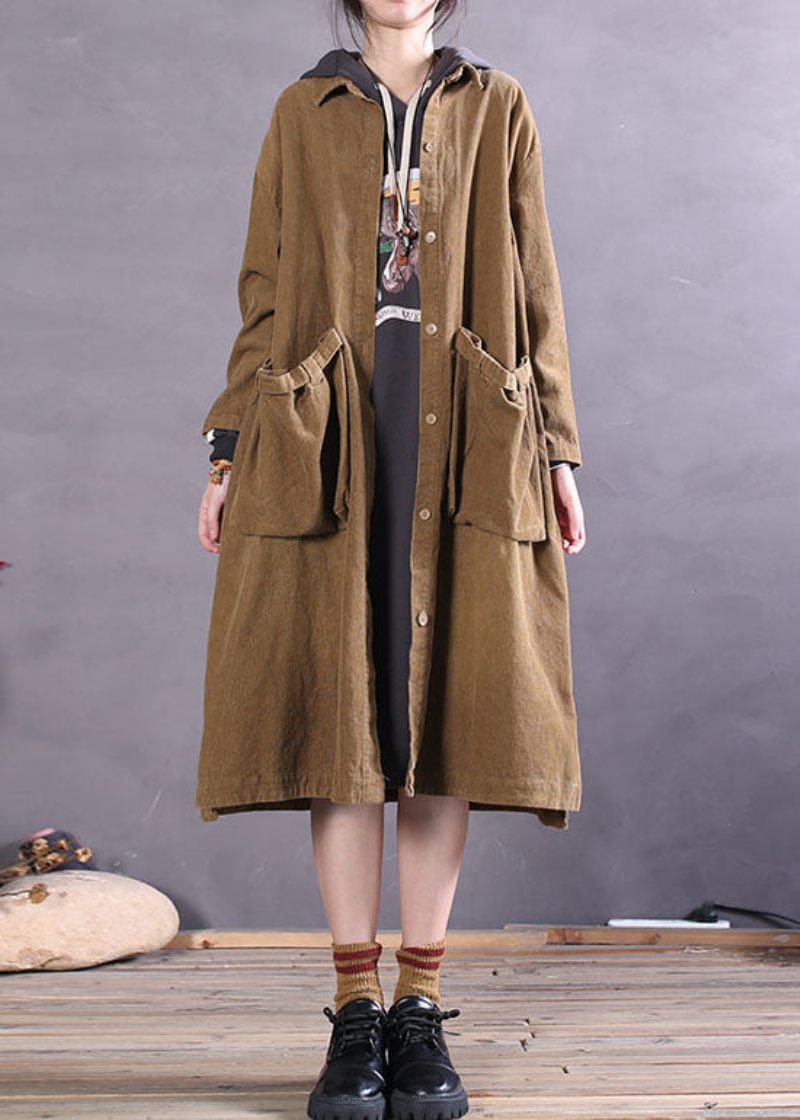 Simpel Khaki Button Side Åben Corduroy Coats Spring