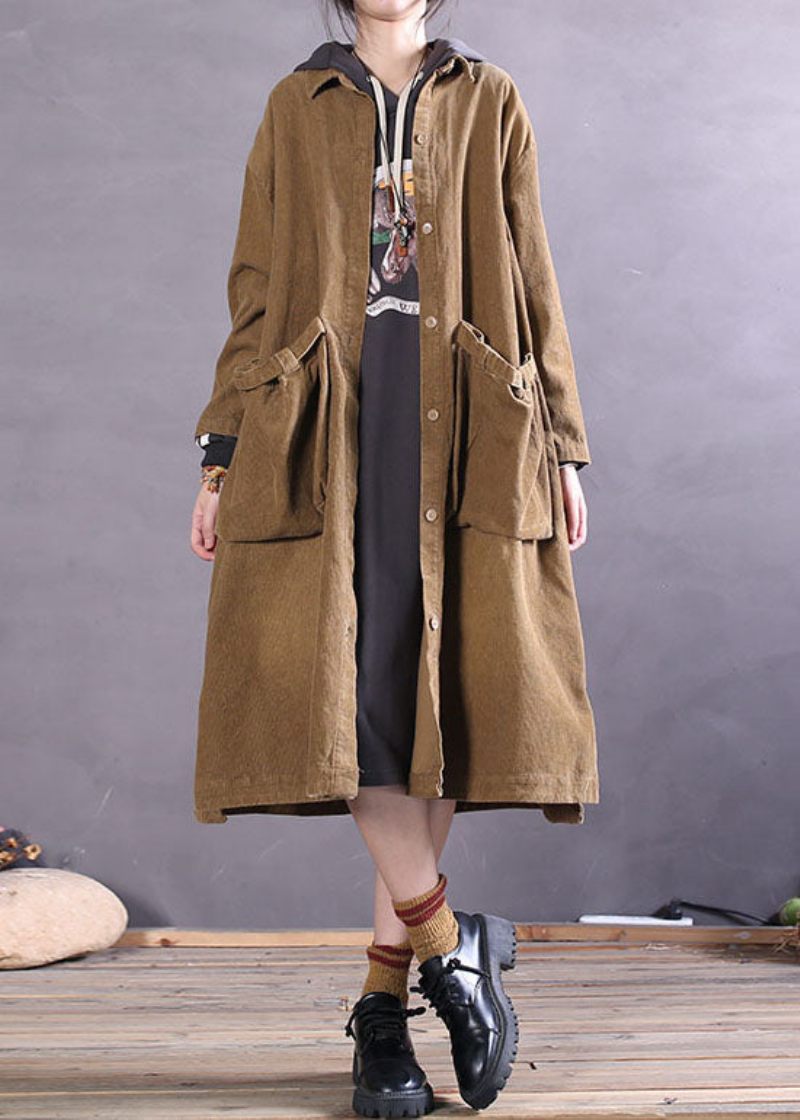 Simpel Khaki Button Side Åben Corduroy Coats Spring - Dame vinterfrakker