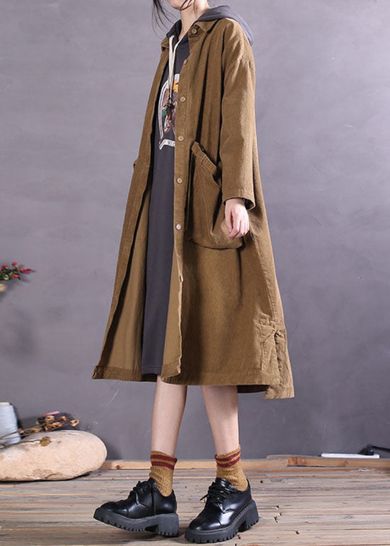 Simpel Khaki Button Side Åben Corduroy Coats Spring - Dame vinterfrakker