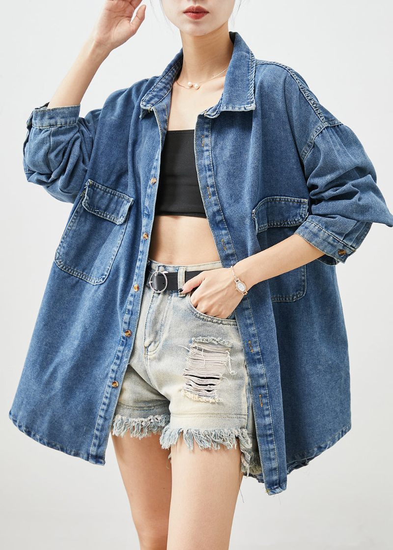 Simple Blue Oversized Lommer Denim Coat Outwear Efterår