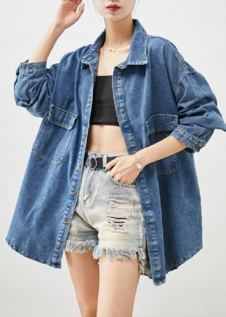 Simple Blue Oversized Lommer Denim Coat Outwear Efterår