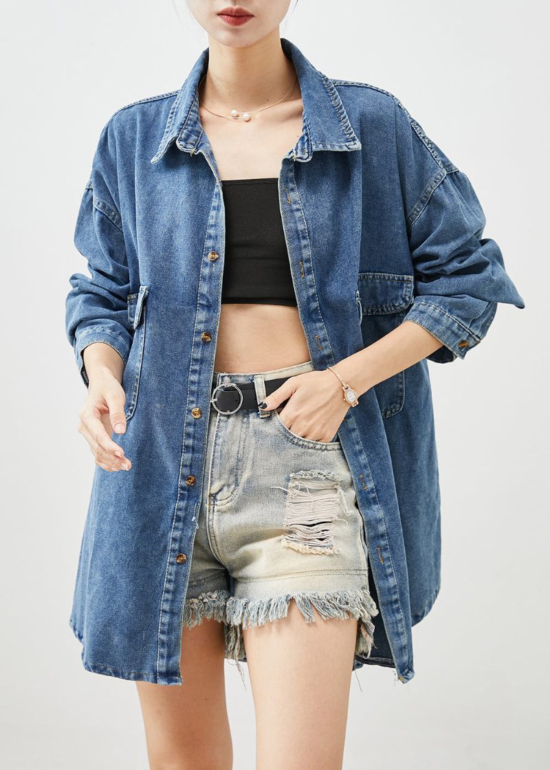 Simple Blue Oversized Lommer Denim Coat Outwear Efterår - Dame vinterfrakker