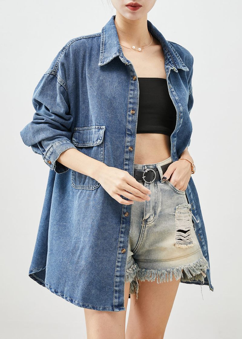 Simple Blue Oversized Lommer Denim Coat Outwear Efterår - Dame vinterfrakker