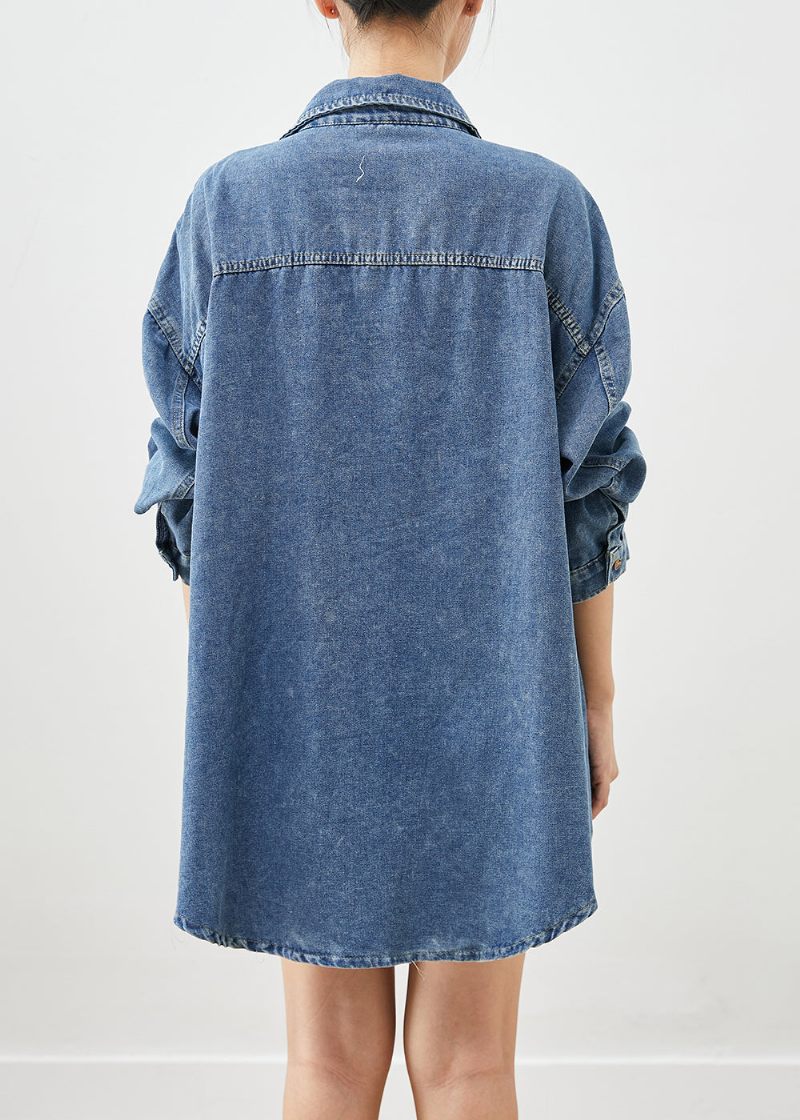 Simple Blue Oversized Lommer Denim Coat Outwear Efterår - Dame vinterfrakker