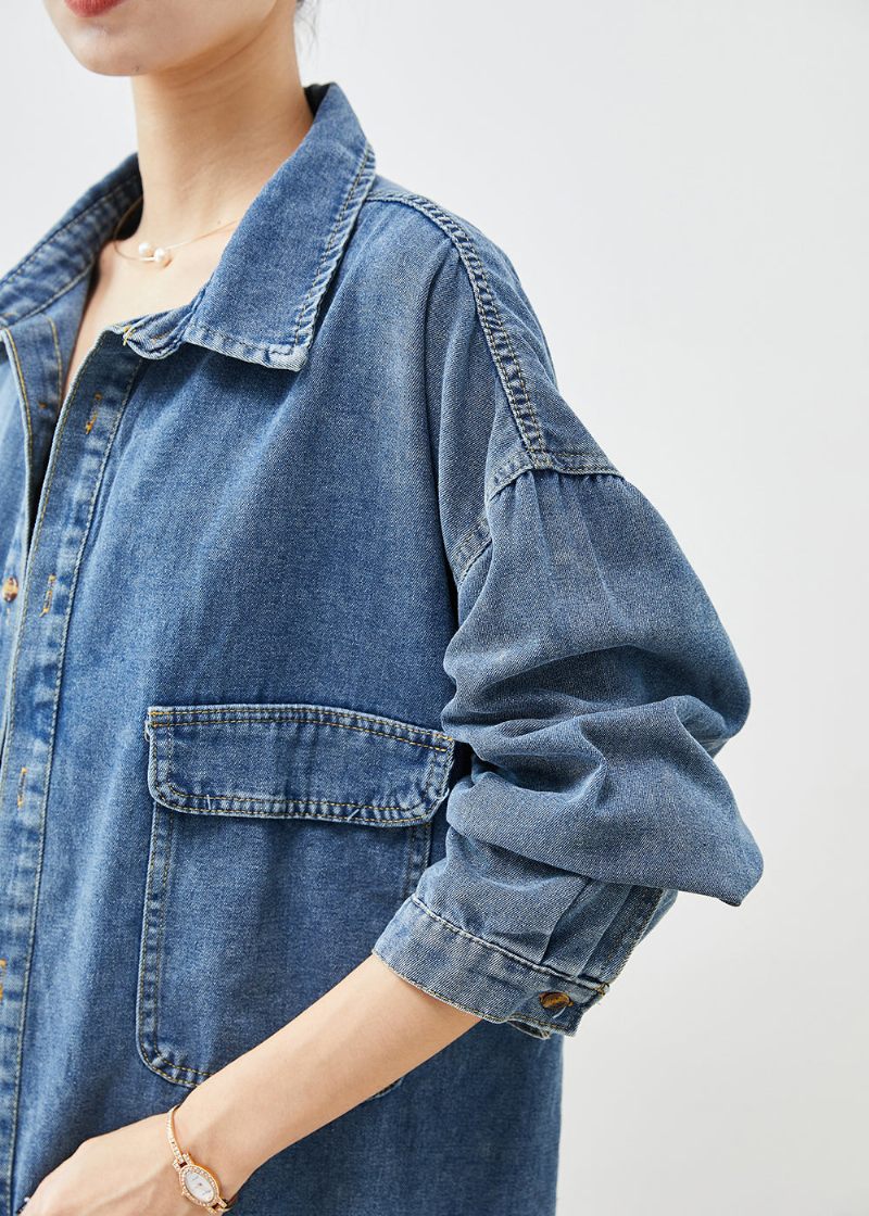 Simple Blue Oversized Lommer Denim Coat Outwear Efterår - Dame vinterfrakker