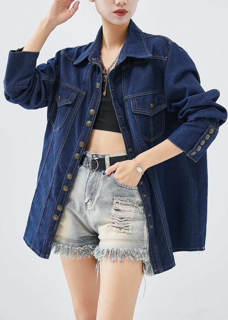 Simple Navy Peter Pan Krave Metal Knapper Denim Coat Fall