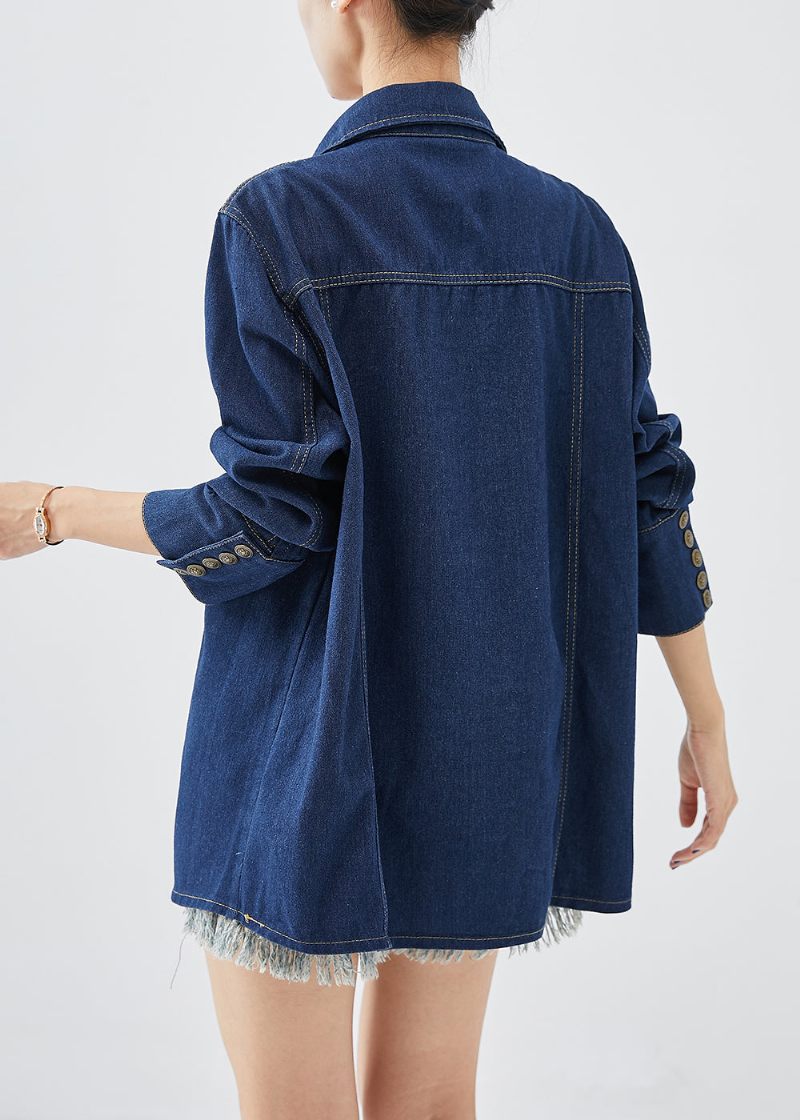 Simple Navy Peter Pan Krave Metal Knapper Denim Coat Fall - Dame vinterfrakker