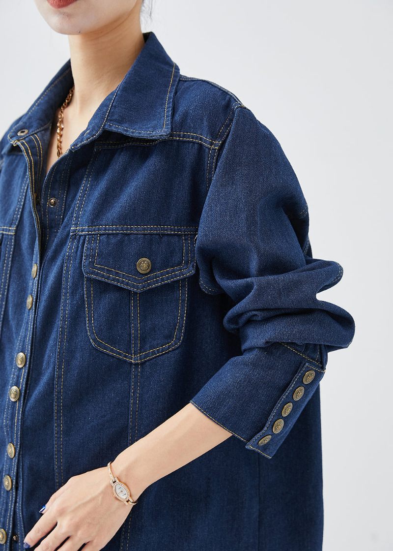 Simple Navy Peter Pan Krave Metal Knapper Denim Coat Fall - Dame vinterfrakker